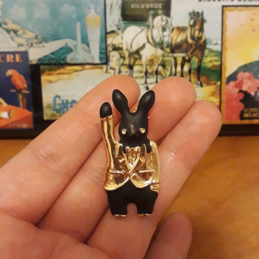 Vintage Black Rabbit In A Gold Suit Brooch